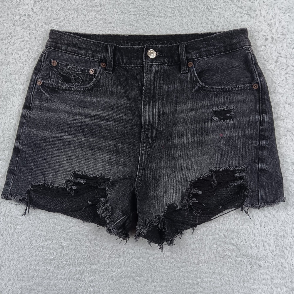 American Eagle Denim Shorts Women 8 Black Distressed Frayed Hem Stretch